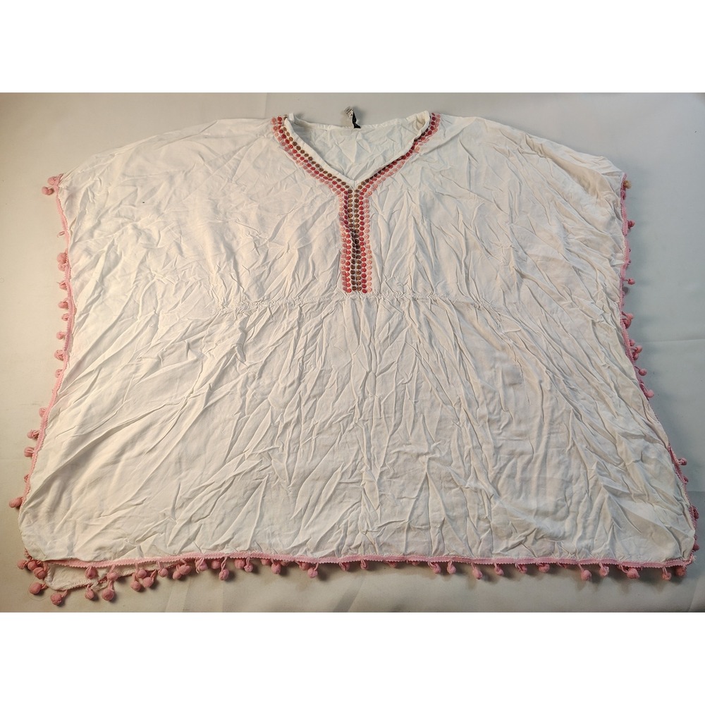 Raviya Womens White Pink Pom Pom Beaded V-Neck Kaftan Beach Cover Up Large